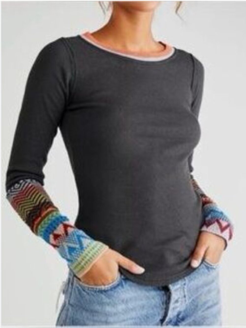 Free People WE THE FREE Dark Gray Thermal Crochet Sleeve Top sz S
